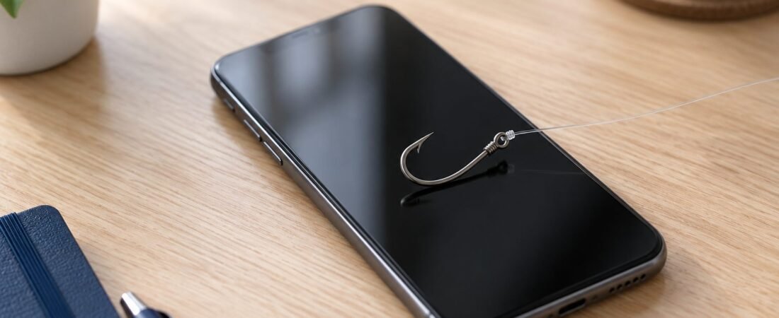 Anzol de pesca pousado sobre a tela apagada de um celular